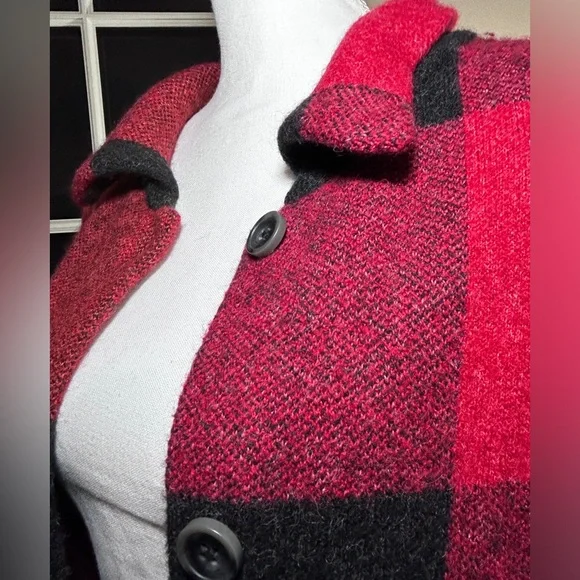 J.Jill Buffalo Red Black Cardigan Wool Blend Soft Jacket Large Petite - Picture 4 of 11